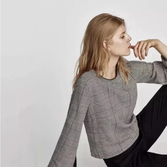 Zara Basic plaid zip grey blouse top with faux leather trim inside Size XS - Picture 2 of 6